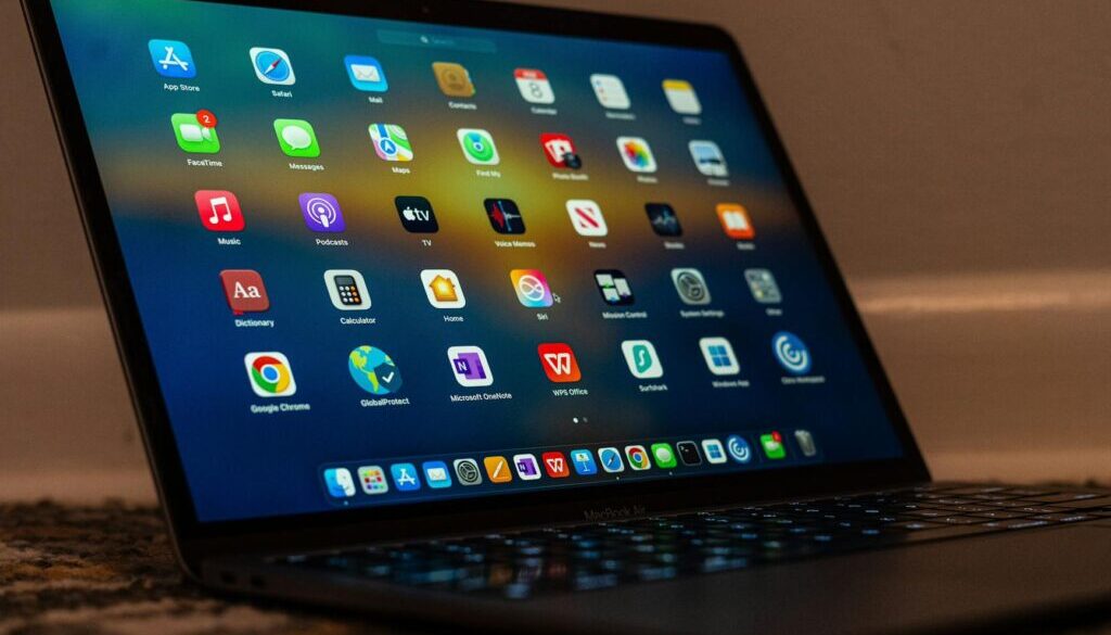 sleek laptop display with various applications