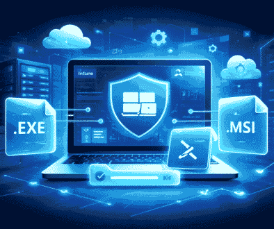 Win32 application deployment using Microsoft Intune showing EXE and MSI packaging with secure endpoint management