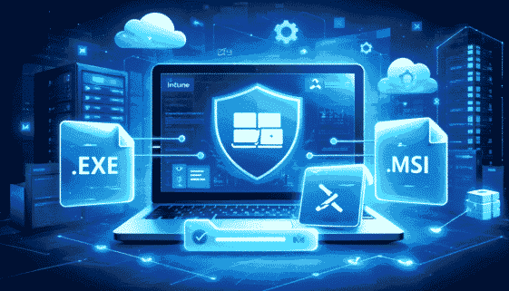Win32 application deployment using Microsoft Intune showing EXE and MSI packaging with secure endpoint management