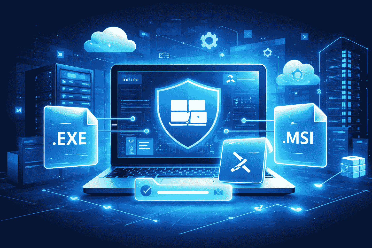 Win32 application deployment using Microsoft Intune showing EXE and MSI packaging with secure endpoint management