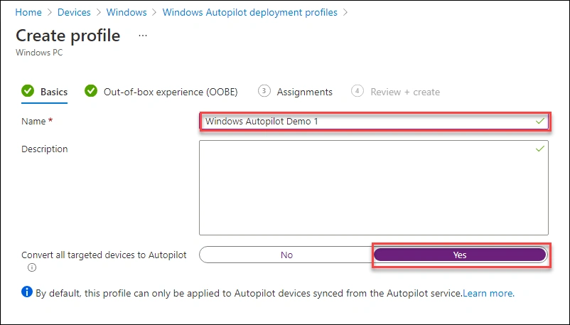 Autopilot deployment profile Settings tab