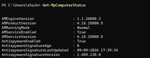 Get-MpComputerStatus showing Defender fully updated - AMEngineVersion 1.1.26080.3, AMRunningMode Normal