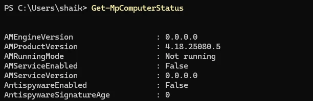 Get-MpComputerStatus showing Defender broken - AMEngineVersion 0.0.0.0, AMRunningMode Not running