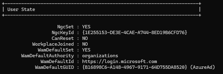 Command Prompt dsregcmd status command output verifying NgcSet YES for Windows Hello for Business
