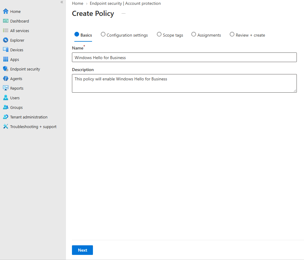 Configuring policy name and description for Windows Hello for Business in Microsoft Intune