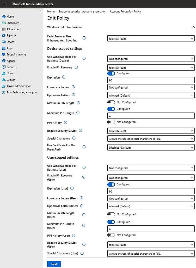 Windows Hello for Business policy settings in Microsoft Intune displaying device-scoped and user-scoped PIN parameters
