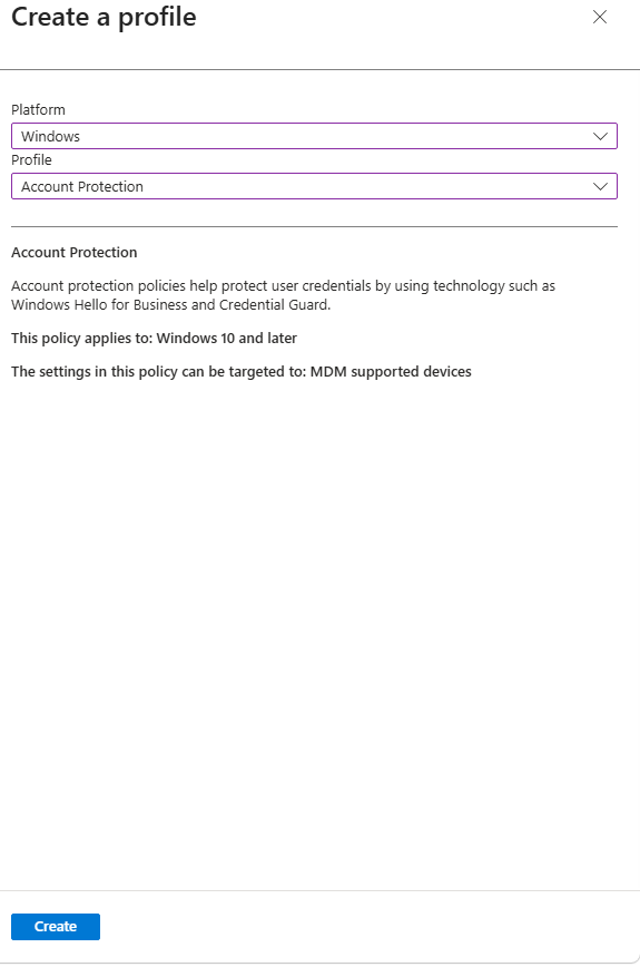 Creating an Account Protection profile in Microsoft Intune under Endpoint security for Windows Hello for Business