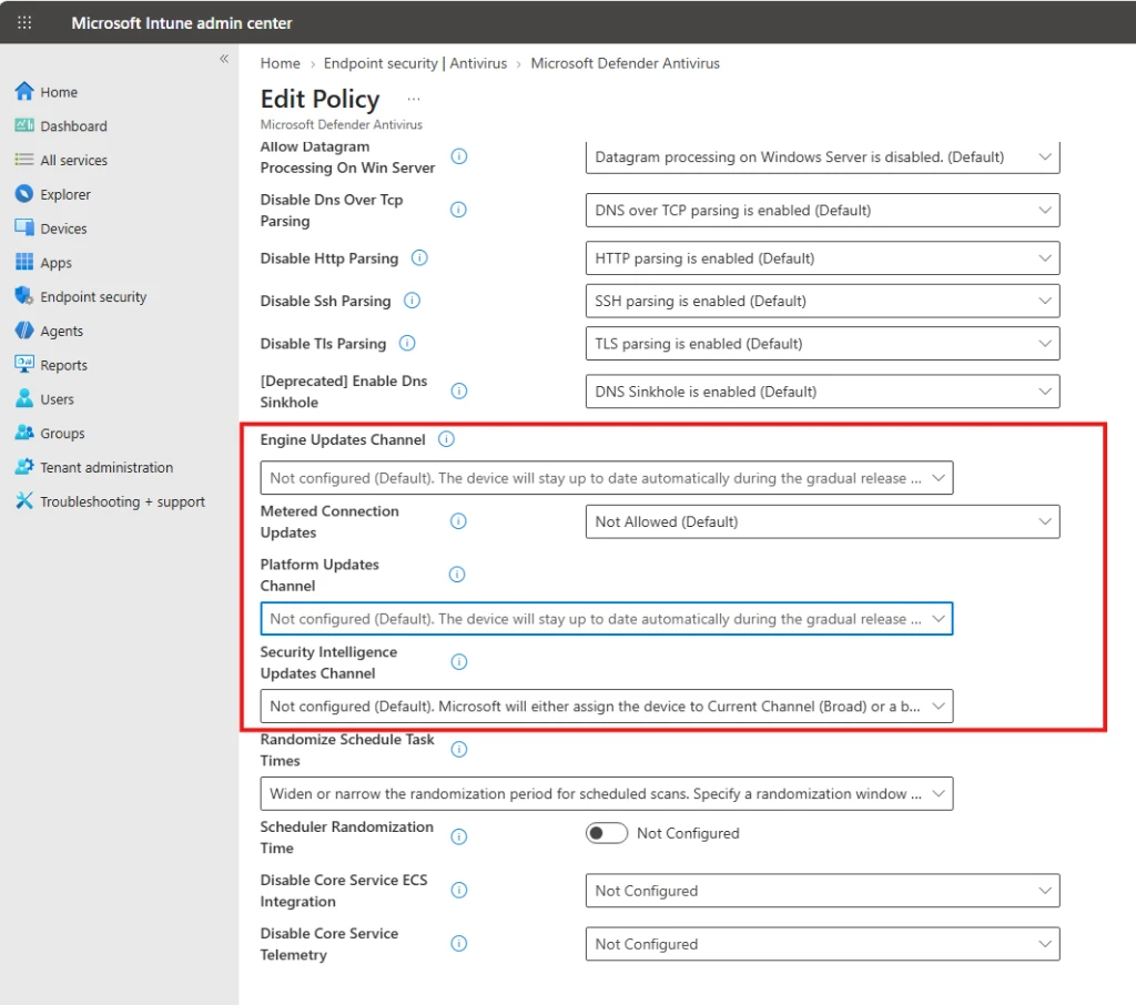 Microsoft Intune Defender Antivirus Policy - Engine, Platform, and Security Intelligence Update Channels