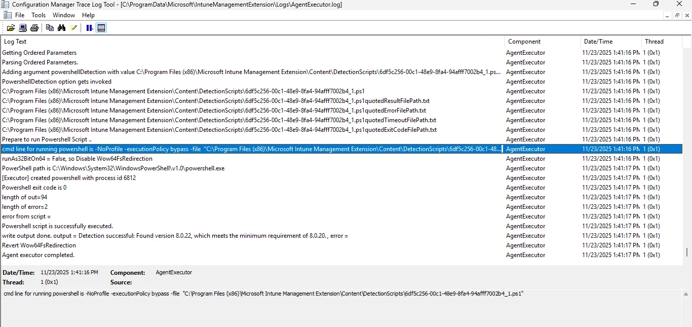 AgentExecutor.log in Intune Management Extension showing script and process execution details