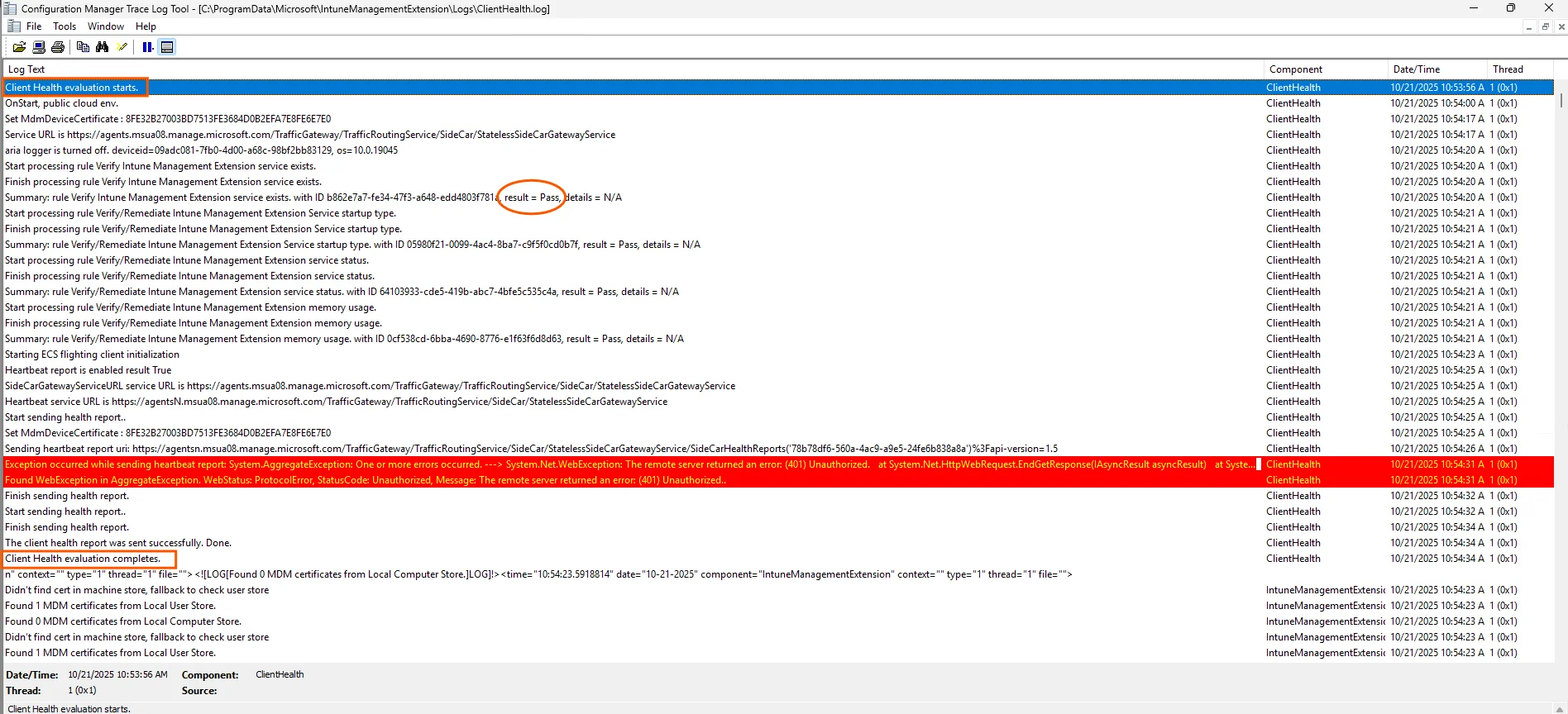 ClientHealth.log in Intune Management Extension showing IME agent health status