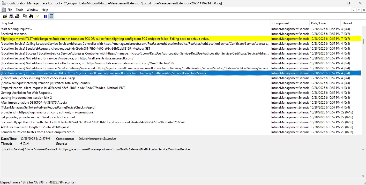 Intune Management Extension log file IntuneManagementExtension.log showing IME service activity and startup entries