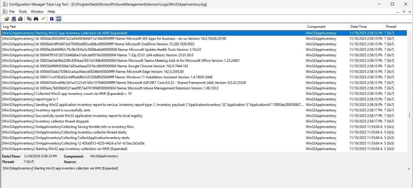 Win32AppInventory.log from Intune Management Extension showing detected applications and versions