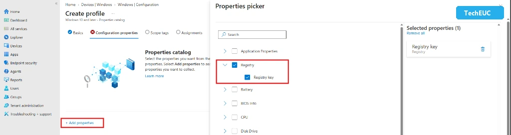 Step 3: Selecting Registry key in the Properties picker