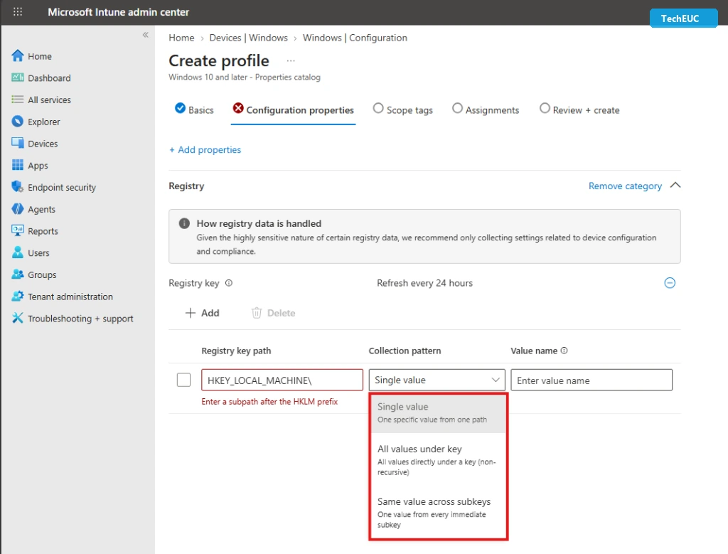 Step 4: Collection pattern dropdown and HKLM path field in Intune