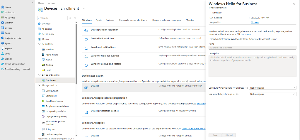 Microsoft Intune Windows enrollment blade showing Windows Hello for Business set to Not configured