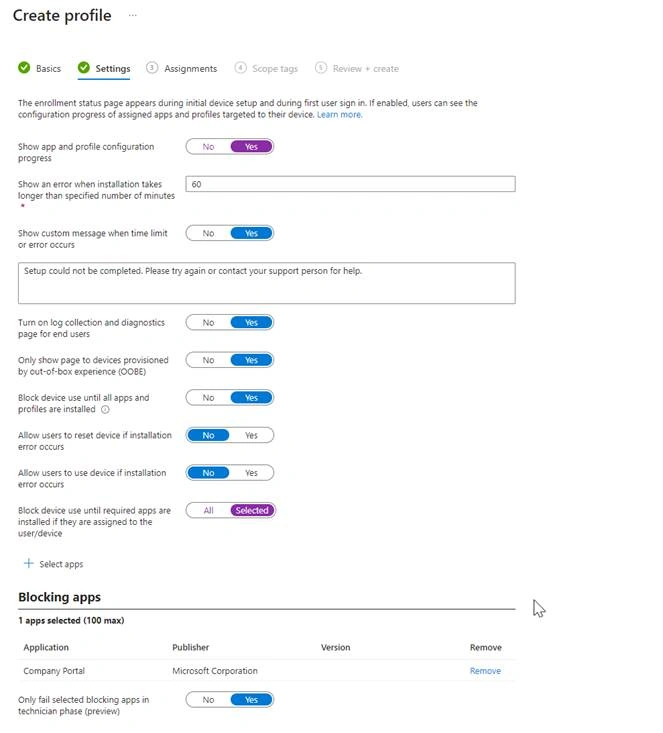 Microsoft Intune Enrollment Status Page detailed configuration