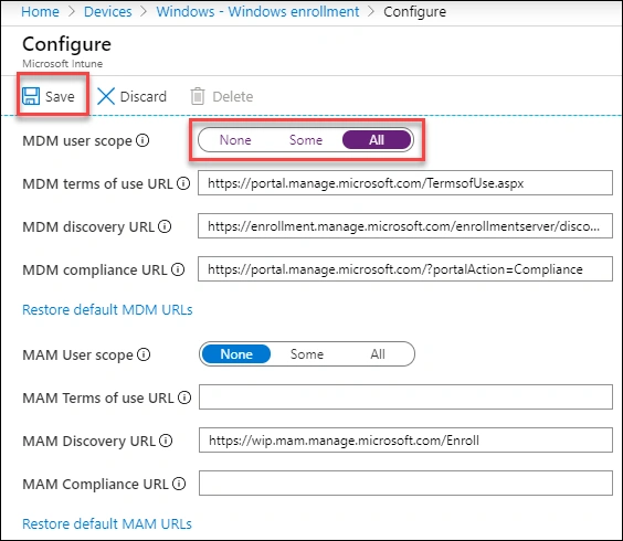 Microsoft Intune Automatic Enrollment configuration setting MDM user scope to All and MAM user scope to None