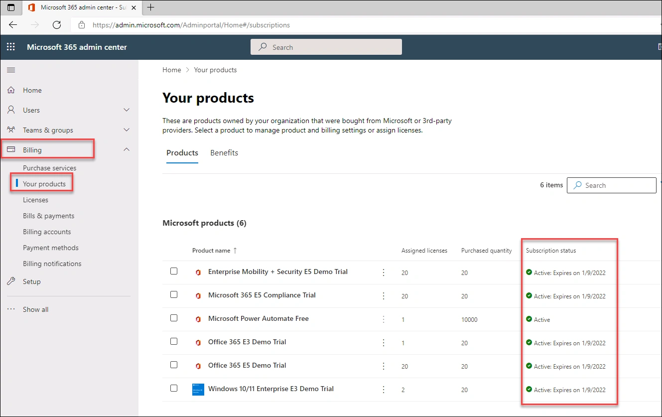 Microsoft 365 Admin Center Billing Your products page showing assigned EMS E5 licenses