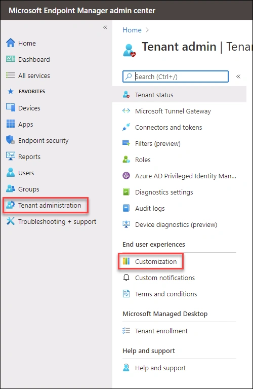 Intune Tenant Administration Customization policy editing organization name, theme color, and header branding