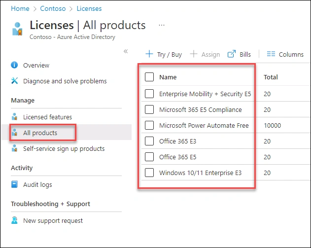 Microsoft Entra ID group license assignment window showing Enterprise Mobility and Security E5 and Windows 10/11 Enterprise E3 enabled