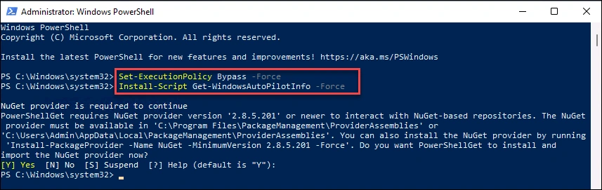 PowerShell administrator console executing Get-WindowsAutopilotInfo script to export the hardware hash
