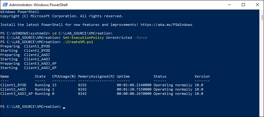 PowerShell administrator console executing automated VM creation script showing Client1_BYOD, Client2_AADJ, and Client3_Autopilot running in Hyper-V