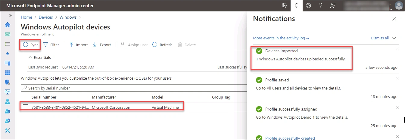 Microsoft Intune portal showing Windows Autopilot devices import process with CSV file