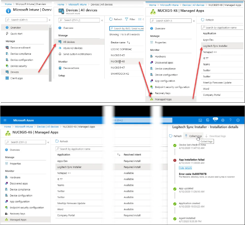 navigating to Managed Apps and collecting logs to troubleshoot Win32 app deployment failure in Microsoft Intune