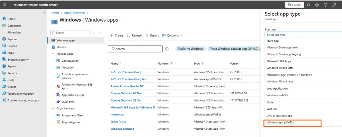 selecting Windows app (Win32) in Microsoft Intune admin center to upload .intunewin package for Win32 app deployment