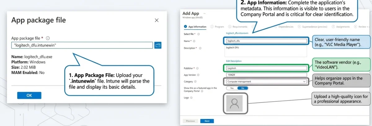 uploading .intunewin package and configuring app information for Win32 app deployment in Microsoft Intune admin center