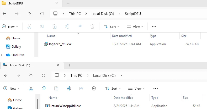intune win32 app source folder structure showing installer files and IntuneWinAppUtil before creating .intunewin package