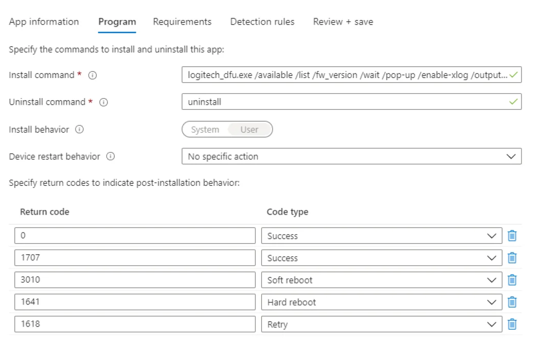 configuring install and uninstall commands in Intune Program tab for Win32 app deployment using .intunewin package