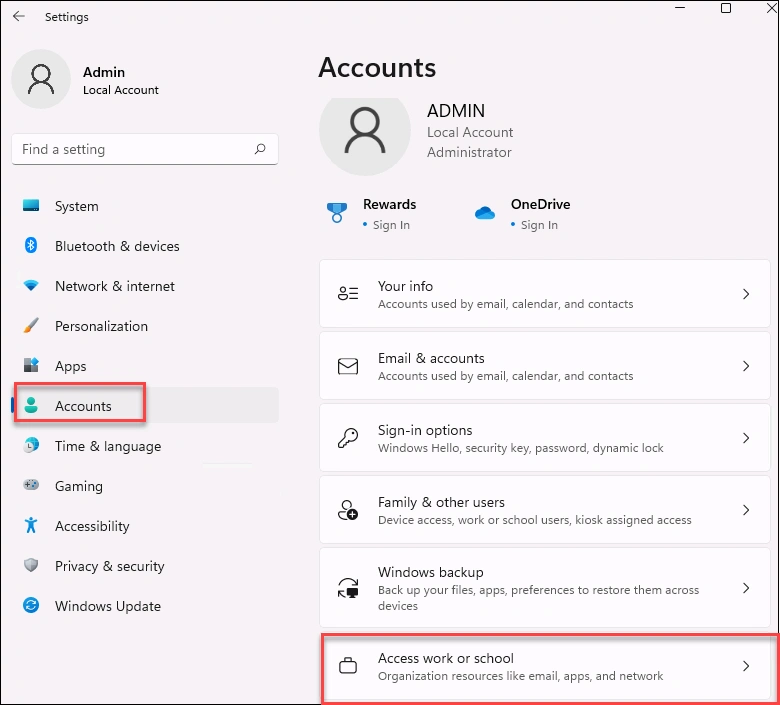Windows 11 Settings showing Accounts then Access work or school