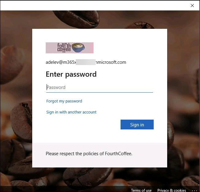 Password prompt displaying custom company branding background and banner logo