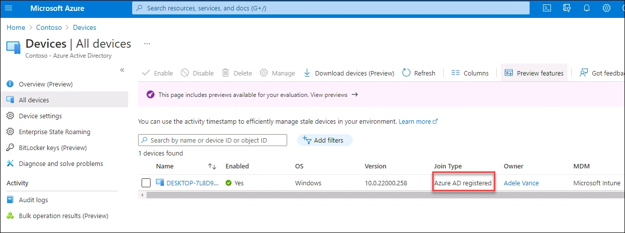Microsoft Entra admin center displaying device registered with Join Type Microsoft Entra registered