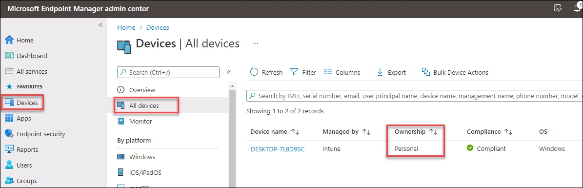 Microsoft Intune Devices list displaying Client 1 with Personal ownership