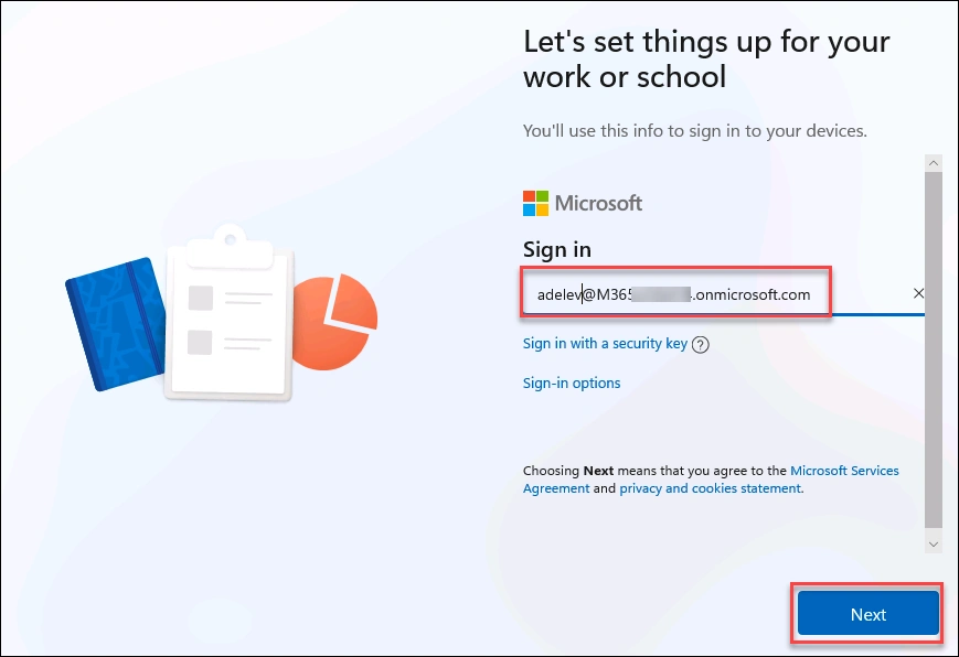 Windows 11 OOBE Let's set things up for your work or school sign-in screen