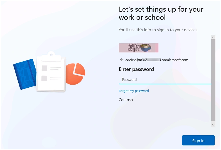 OOBE password screen displaying custom company branding