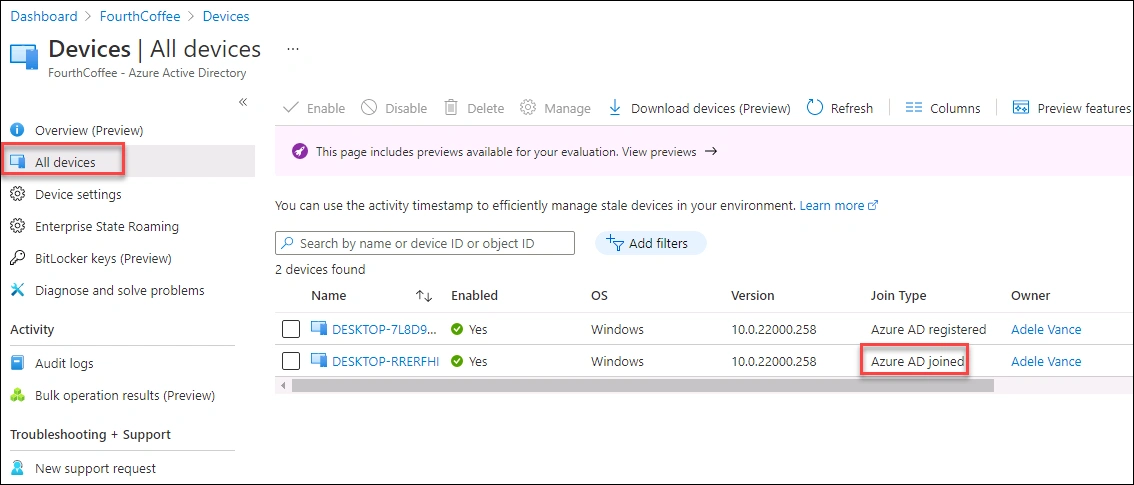 Microsoft Entra Devices list displaying device with Join Type Azure AD joined
