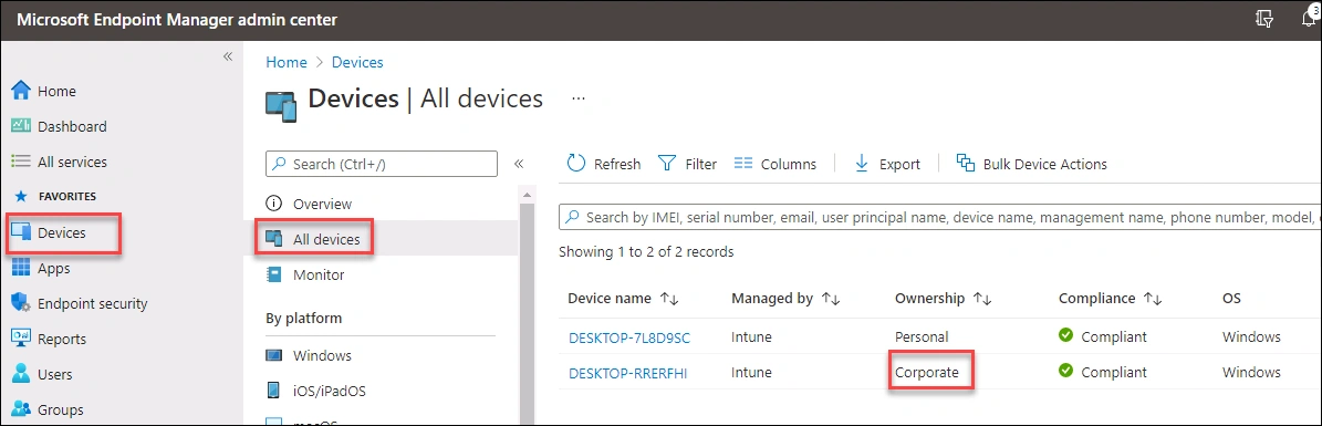Microsoft Intune Devices list displaying Client 2 with Corporate ownership