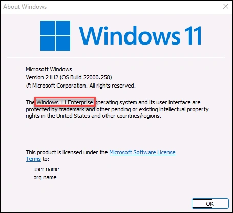 Windows 11 winver dialog box confirming operating system edition has stepped up to Windows 11 Enterprise