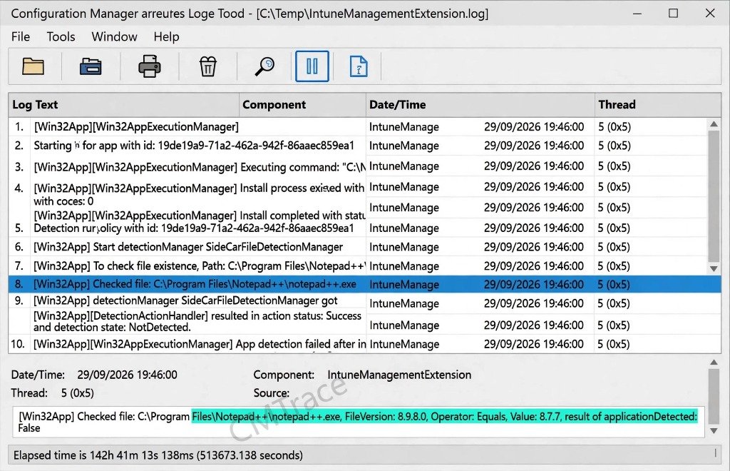 CMTrace IntuneManagementExtension log showing FileVersion 8.9.8.0 Operator Equals Value 8.7.7 result of applicationDetected False
