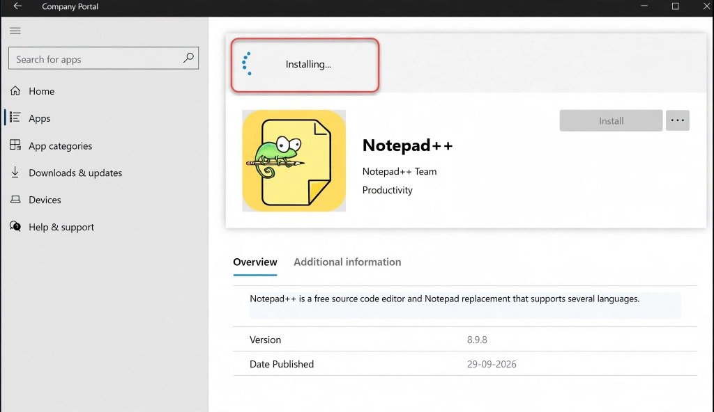 Company Portal application page showing Notepad++ version 8.9.8 in installing state