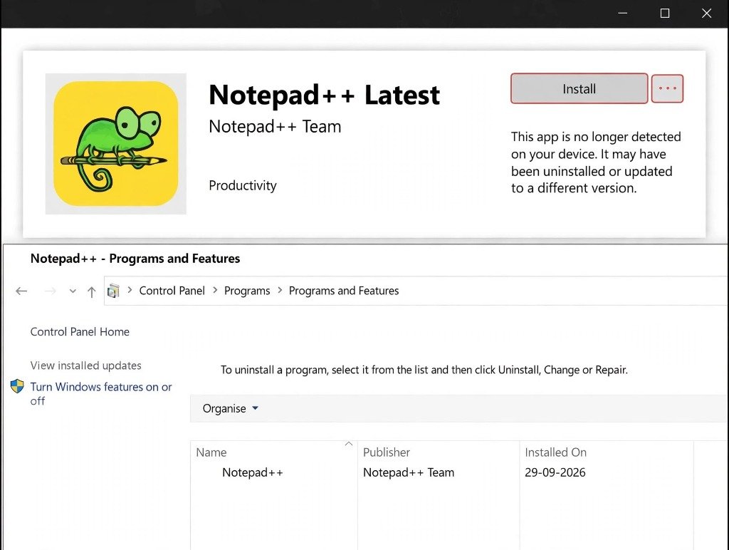 Company Portal showing this app is no longer detected on your device while Notepad++ is installed in Control Panel Programs and Features