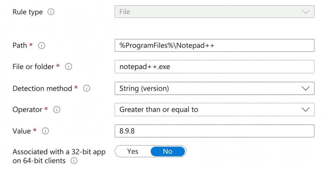 Microsoft Intune Win32 app detection rule corrected with Operator Greater than or equal to and Value 8.9.8