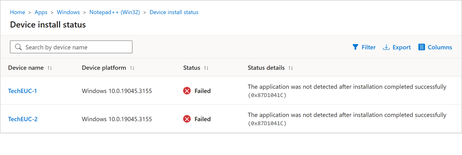 Microsoft Intune device install status showing error code 0x87D1041C on TechEUC-1 and TechEUC-2