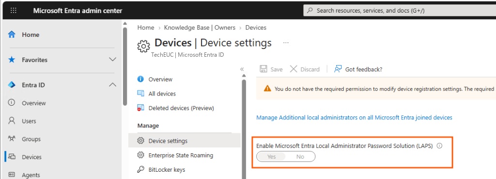 Microsoft Entra admin center device settings showing Enable Microsoft Entra Local Administrator Password Solution toggle set to Yes