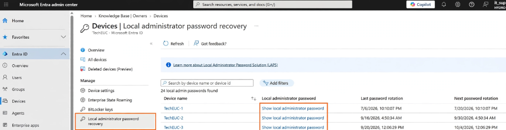 Microsoft Entra admin center Local administrator password recovery page showing TechEUC-1 TechEUC-2 and TechEUC-3 inventory table