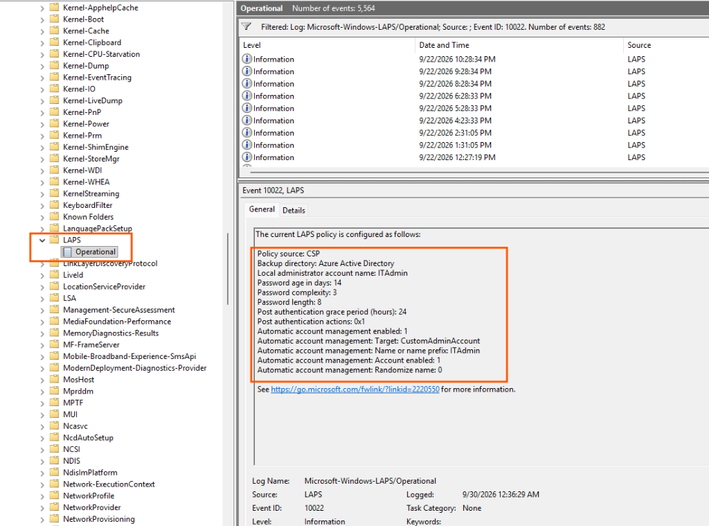 Windows Event Viewer displaying Microsoft-Windows-LAPS Operational log with Event ID 10022 showing policy source CSP and ITAdmin configuration