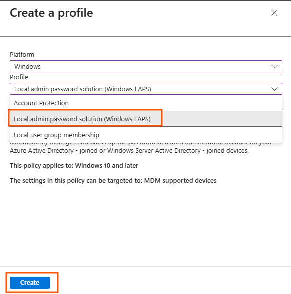 Microsoft Intune Endpoint Security Account Protection create profile wizard selecting Local admin password solution Windows LAPS
